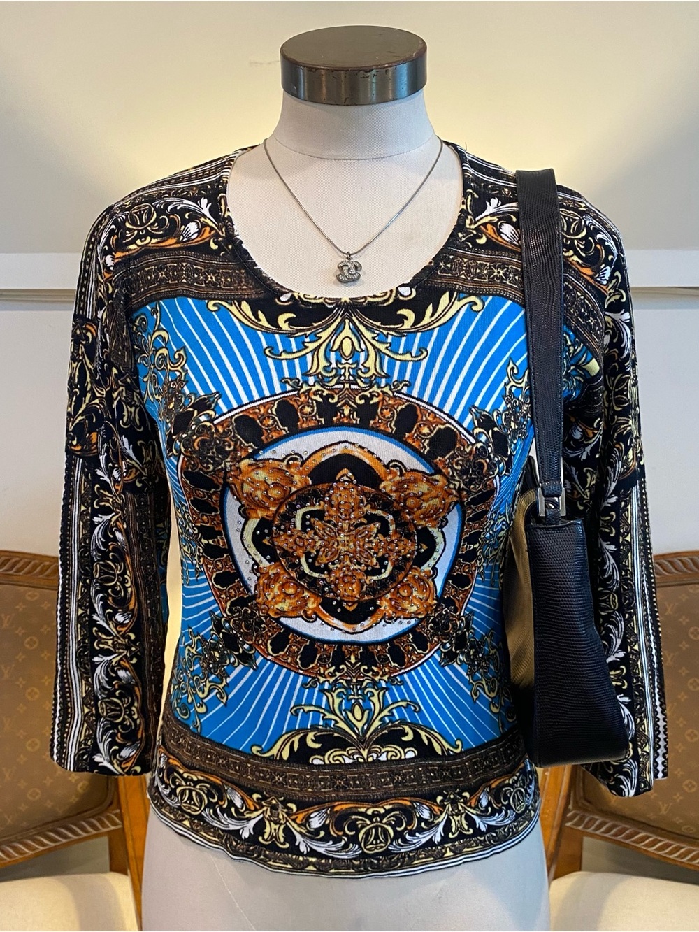 Vintage 90s Y2K Blue & Black Baroque-Print Long Sleeve Top, Indie Punk City Girl